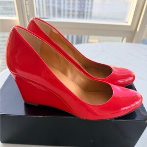 J. Crew Sylvia Patent Wedges in Vibrant Flame